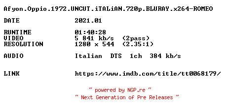 NFO for the release Afyon.Oppio.1972.UNCUT.iTALiAN.720p.BLURAY.x264-ROMEO by ROMEO