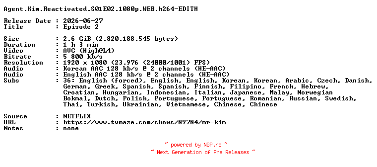 NFO for the release Agent.Kim.Reactivated.S01E02.1080p.WEB.h264-EDITH by EDITH