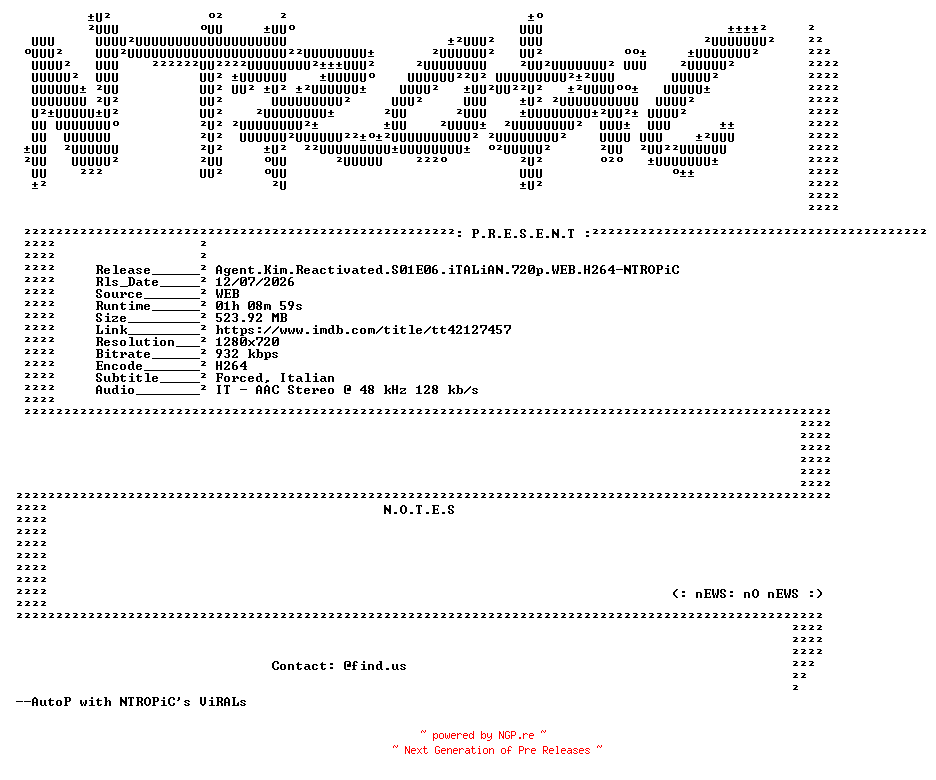 NFO for the release Agent.Kim.Reactivated.S01E06.iTALiAN.720p.WEB.H264-NTROPiC by NTROPiC