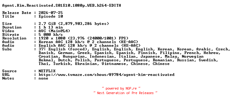 NFO for the release Agent.Kim.Reactivated.S01E10.1080p.WEB.h264-EDITH by EDITH