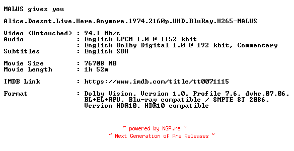 NFO for the release Alice.Doesnt.Live.Here.Anymore.1974.2160p.UHD.BluRay.H265-MALUS by MALUS
