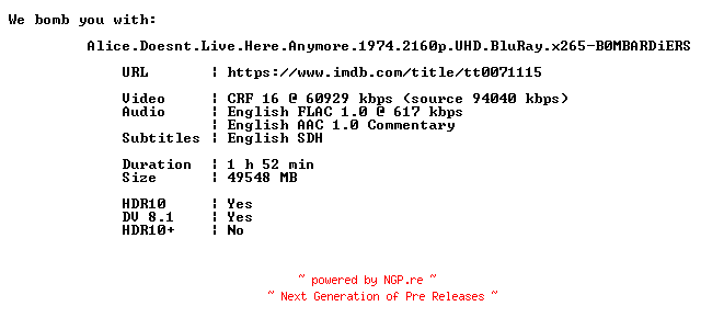 NFO for the release Alice.Doesnt.Live.Here.Anymore.1974.2160p.UHD.BluRay.x265-B0MBARDiERS by B0MBARDiERS