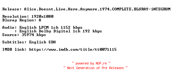 NFO for the release Alice.Doesnt.Live.Here.Anymore.1974.COMPLETE.BLURAY-iNTEGRUM by iNTEGRUM