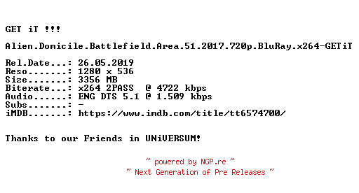 NFO for the release Alien.Domicile.Battlefield.Area.51.2017.720p.BluRay.x264-GETiT by GETiT