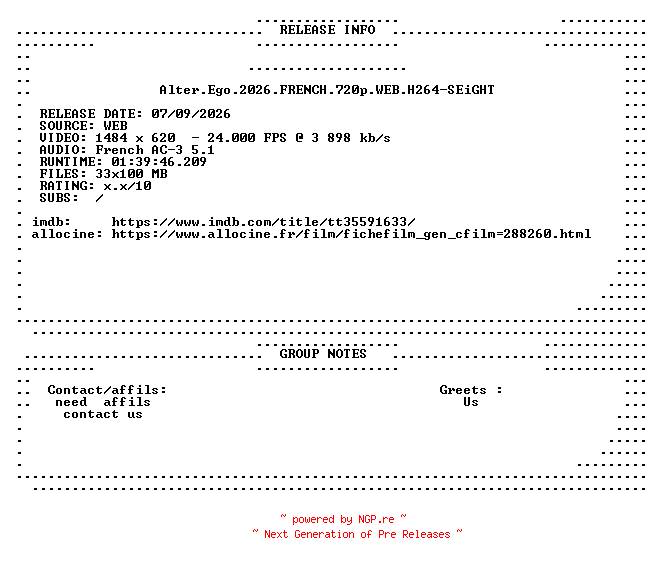 NFO for the release Alter.Ego.2026.FRENCH.720p.WEB.H264-SEiGHT by SEiGHT