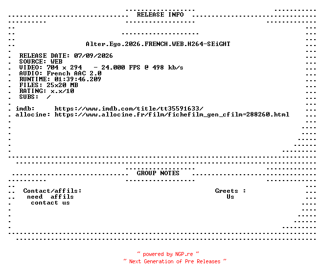 NFO for the release Alter.Ego.2026.FRENCH.WEB.H264-SEiGHT by SEiGHT