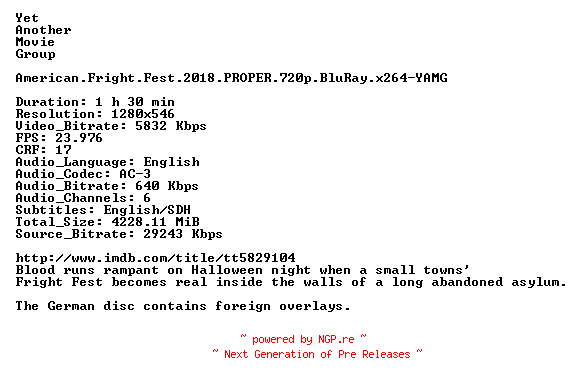 NFO for the release American.Fright.Fest.2018.PROPER.720p.BluRay.x264-YAMG by YAMG