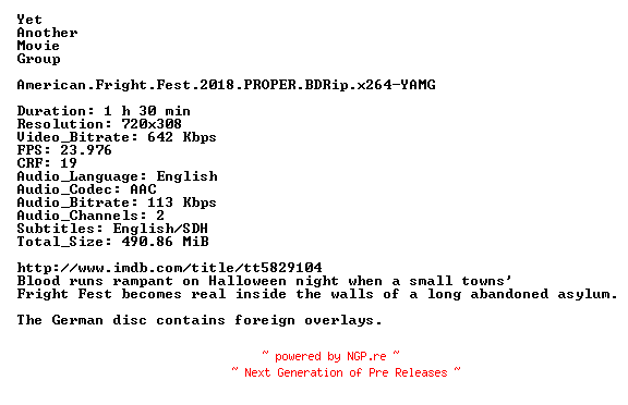 NFO for the release American.Fright.Fest.2018.PROPER.BDRip.x264-YAMG by YAMG