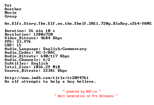 NFO for the release An.Elfs.Story.The.Elf.on.the.Shelf.2011.720p.BluRay.x264-YAMG by YAMG