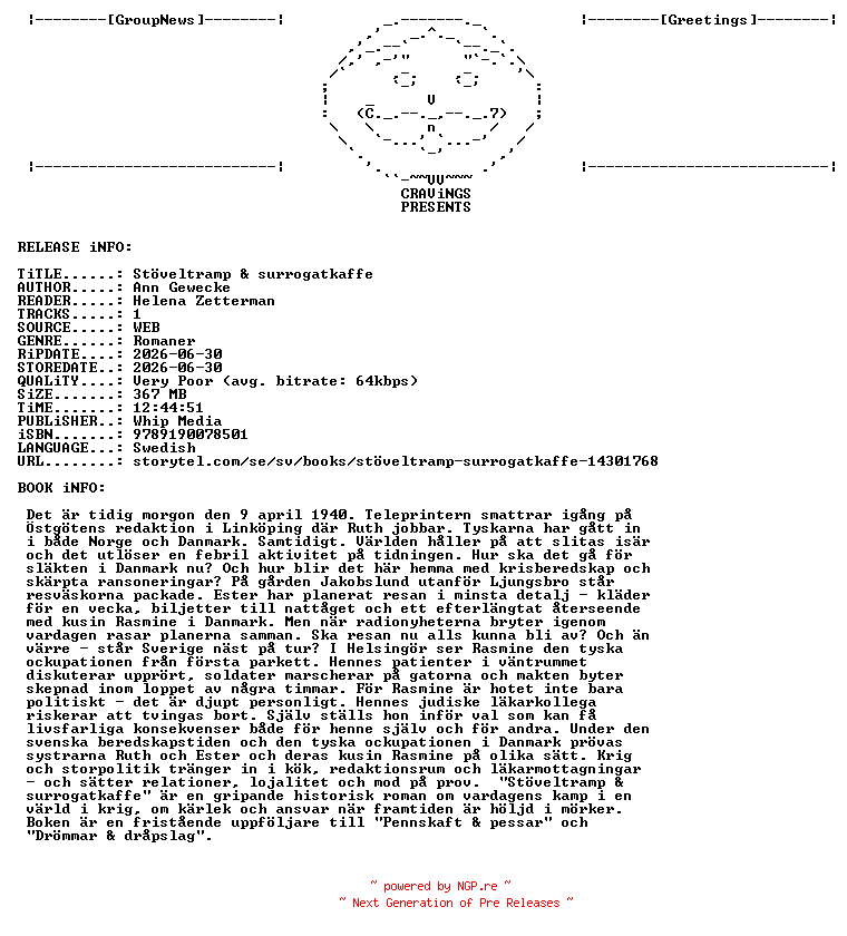 NFO for the release Ann_Gewecke_-_Stoeveltramp_And_Surrogatkaffe-AUDiOBOOK-WEB-SE-2026-CRAViNGS_iNT by CRAViNGS_iNT