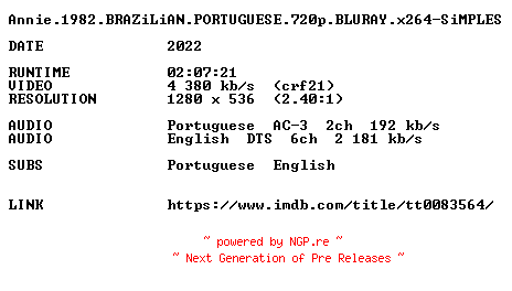 NFO for the release Annie.1982.BRAZiLiAN.PORTUGUESE.720p.BLURAY.x264-SiMPLES by SiMPLES