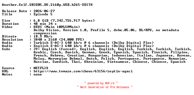 NFO for the release Another.Self.S03E05.DV.2160p.WEB.h265-EDITH by EDITH