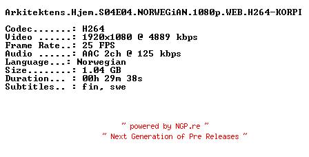 NFO for the release Arkitektens.Hjem.S04E04.NORWEGiAN.1080p.WEB.H264-KORPI by KORPI