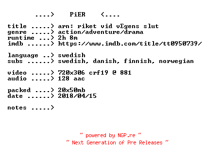NFO for the release Arn.Riket.Vid.Vagens.Slut.2008.iNTERNAL.SWEDiSH.BDRip.x264-PiER by PiER