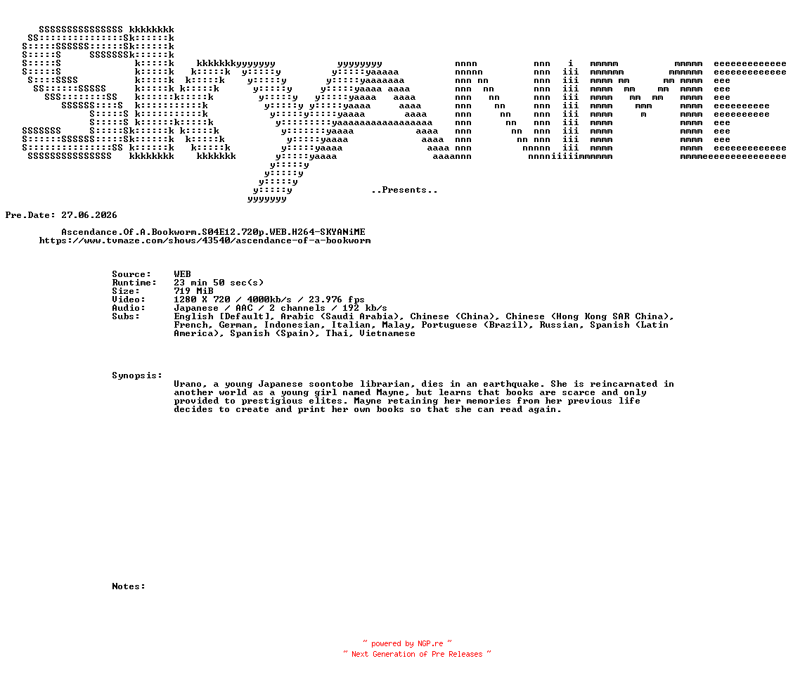 NFO for the release Ascendance.Of.A.Bookworm.S04E12.720p.WEB.H264-SKYANiME by SKYANiME
