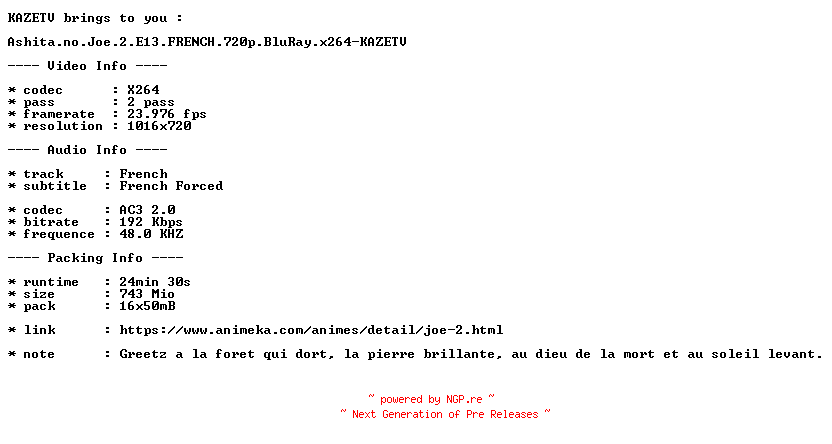 NFO for the release Ashita.no.Joe.2.E13.FRENCH.720p.BluRay.x264-KAZETV by KAZETV