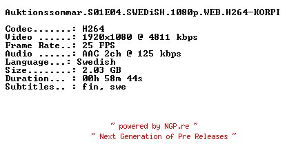 NFO for the release Auktionssommar.S01E04.SWEDiSH.1080p.WEB.H264-KORPI by KORPI