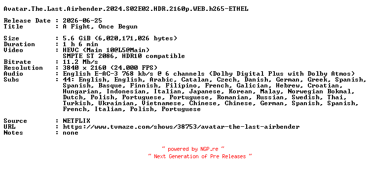 NFO for the release Avatar.The.Last.Airbender.2024.S02E02.HDR.2160p.WEB.h265-ETHEL by ETHEL