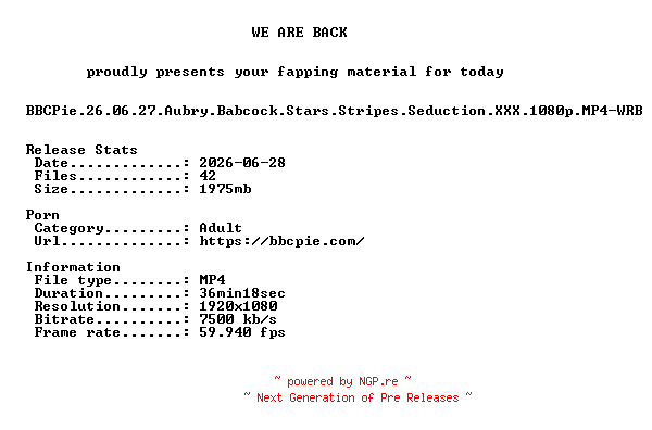 NFO for the release BBCPie.26.06.27.Aubry.Babcock.Stars.Stripes.Seduction.XXX.1080p.MP4-WRB by WRB