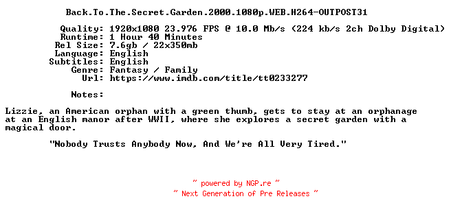 NFO for the release Back.To.The.Secret.Garden.2000.1080p.WEB.H264-OUTPOST31 by OUTPOST31