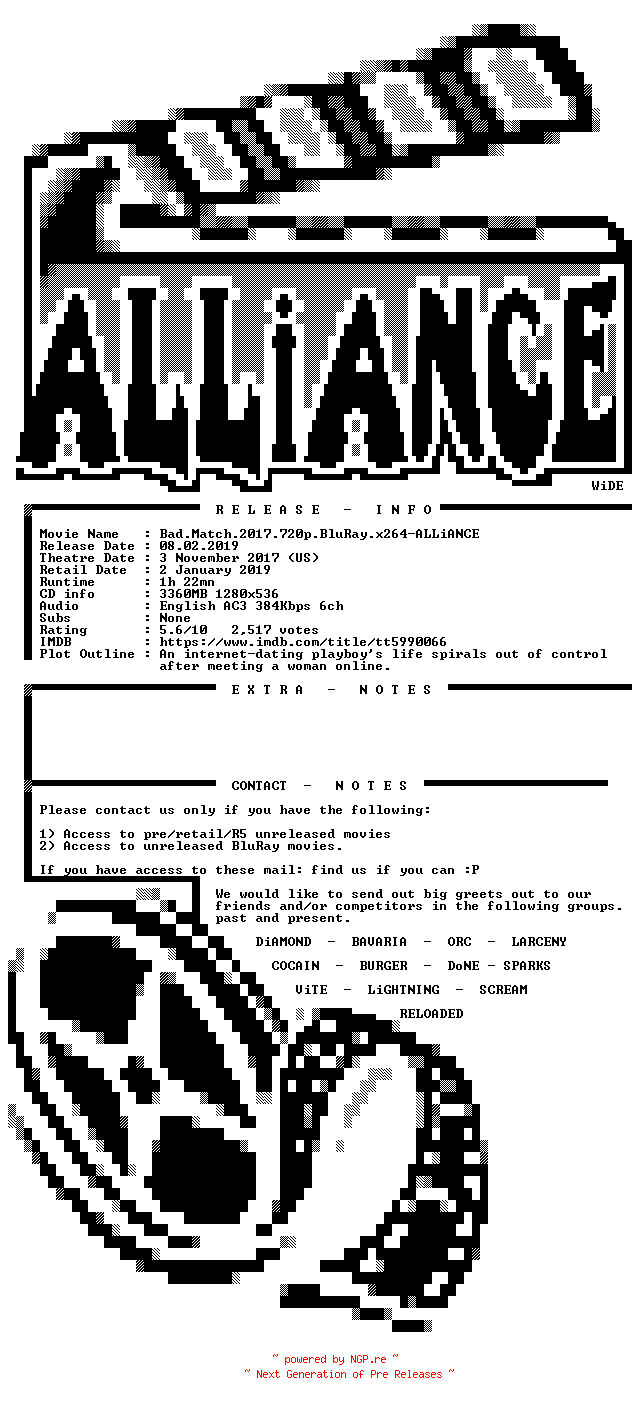 NFO for the release Bad.Match.2017.720p.BluRay.x264-ALLiANCE by ALLiANCE
