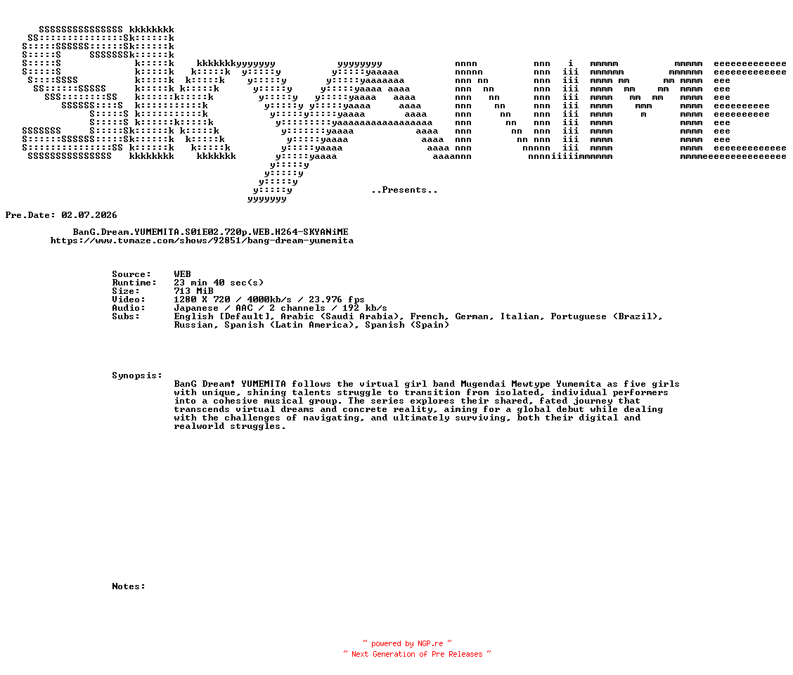 NFO for the release BanG.Dream.YUMEMITA.S01E02.720p.WEB.H264-SKYANiME by SKYANiME