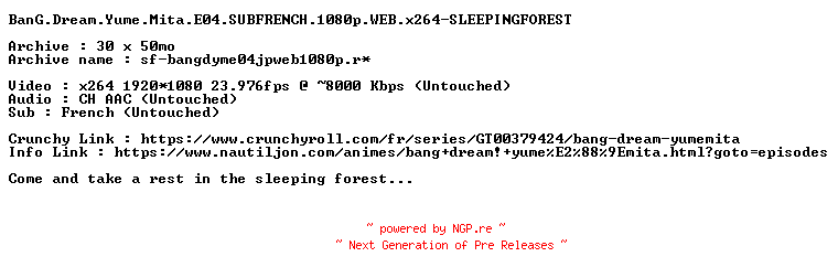 NFO for the release BanG.Dream.Yume.Mita.E04.SUBFRENCH.1080p.WEB.x264-SLEEPINGFOREST by SLEEPINGFOREST