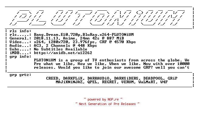 NFO for the release Bang.Dream.E10.720p.BluRay.x264-PLUTONiUM by PLUTONiUM