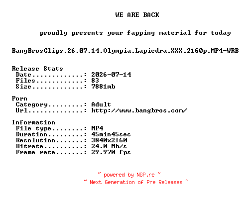 NFO for the release BangBrosClips.26.07.14.Olympia.Lapiedra.XXX.2160p.MP4-WRB by WRB