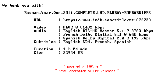 NFO for the release Batman.Year.One.2011.COMPLETE.UHD.BLURAY-B0MBARDiERS by B0MBARDiERS