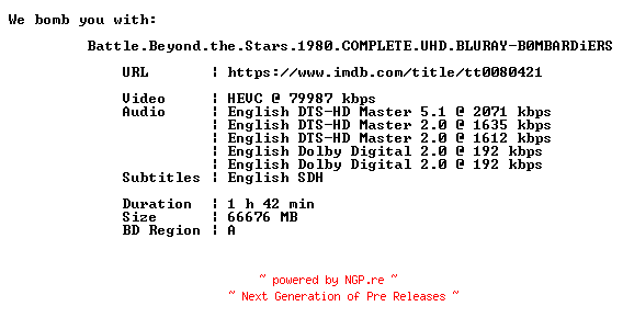 NFO for the release Battle.Beyond.the.Stars.1980.COMPLETE.UHD.BLURAY-B0MBARDiERS by B0MBARDiERS
