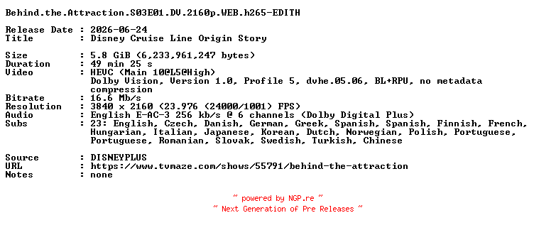 NFO for the release Behind.the.Attraction.S03E01.DV.2160p.WEB.h265-EDITH by EDITH