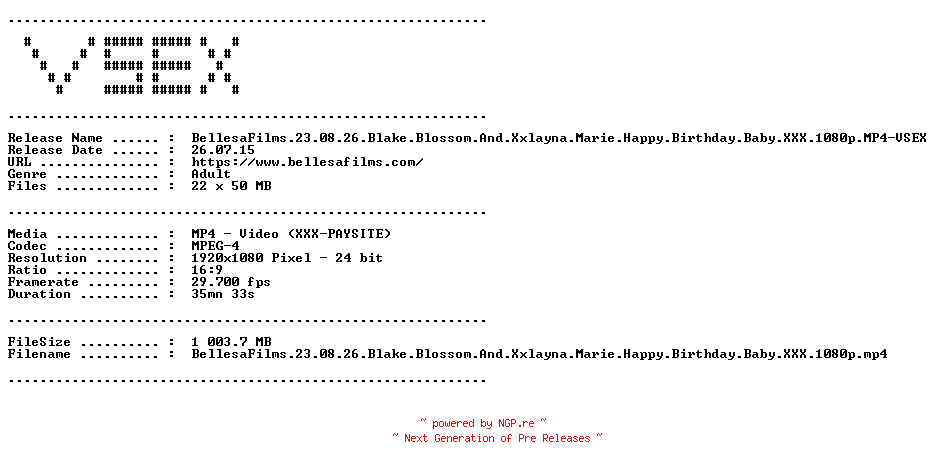 NFO for the release BellesaFilms.23.08.26.Blake.Blossom.And.Xxlayna.Marie.Happy.Birthday.Baby.XXX.1080p.MP4-VSEX by VSEX