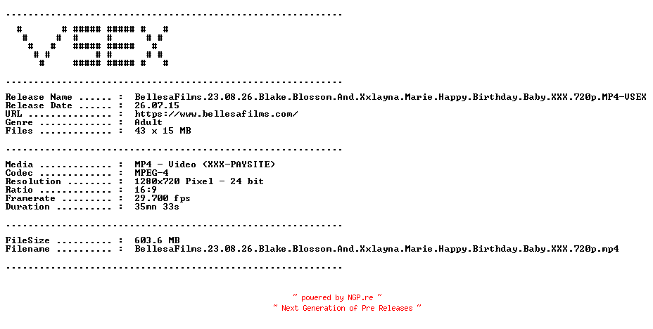 NFO for the release BellesaFilms.23.08.26.Blake.Blossom.And.Xxlayna.Marie.Happy.Birthday.Baby.XXX.720p.MP4-VSEX by VSEX