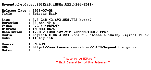 NFO for the release Beyond.the.Gates.S02E119.1080p.WEB.h264-EDITH by EDITH