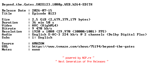 NFO for the release Beyond.the.Gates.S02E123.1080p.WEB.h264-EDITH by EDITH