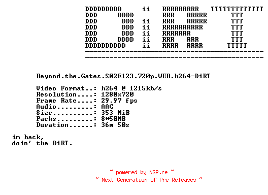 NFO for the release Beyond.the.Gates.S02E123.720p.WEB.h264-DiRT by DiRT