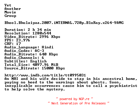 NFO for the release Bhool.Bhulaiyaa.2007.iNTERNAL.720p.BluRay.x264-YAMG by YAMG