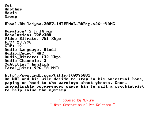 NFO for the release Bhool.Bhulaiyaa.2007.iNTERNAL.BDRip.x264-YAMG by YAMG