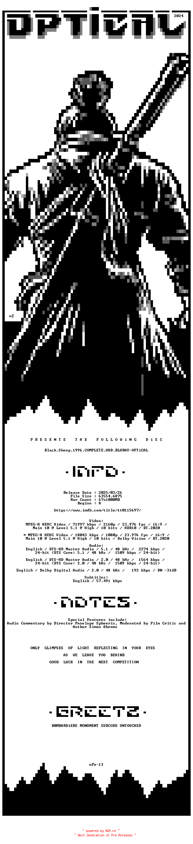 NFO for the release Black.Sheep.1996.COMPLETE.UHD.BLURAY-OPTiCAL by OPTiCAL