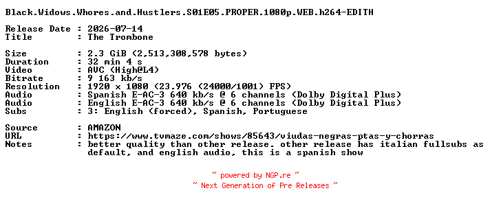 NFO for the release Black.Widows.Whores.and.Hustlers.S01E05.PROPER.1080p.WEB.h264-EDITH by EDITH