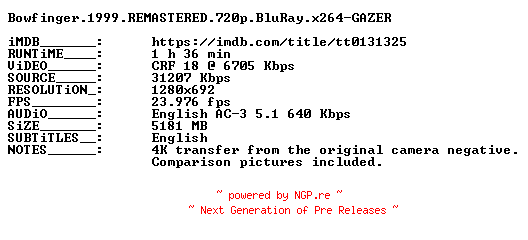 NFO for the release Bowfinger.1999.REMASTERED.720p.BluRay.x264-GAZER by GAZER