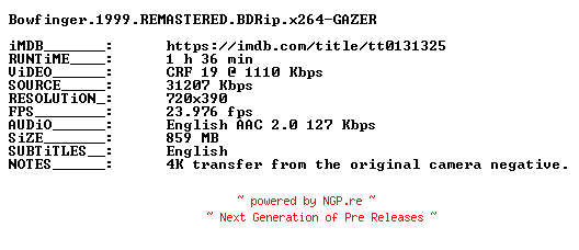 NFO for the release Bowfinger.1999.REMASTERED.BDRip.x264-GAZER by GAZER