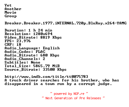 NFO for the release Breaker.Breaker.1977.iNTERNAL.720p.BluRay.x264-YAMG by YAMG