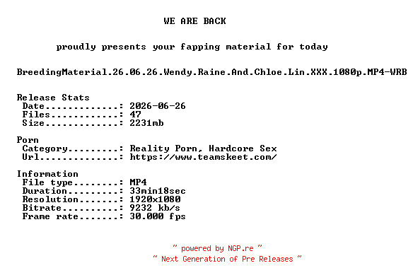 NFO for the release BreedingMaterial.26.06.26.Wendy.Raine.And.Chloe.Lin.XXX.1080p.MP4-WRB by WRB