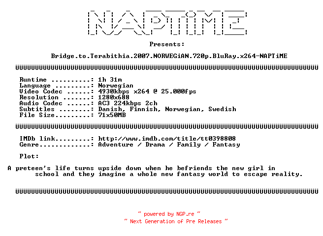 NFO for the release Bridge.to.Terabithia.2007.NORWEGiAN.720p.BluRay.x264-NAPTiME by NAPTiME