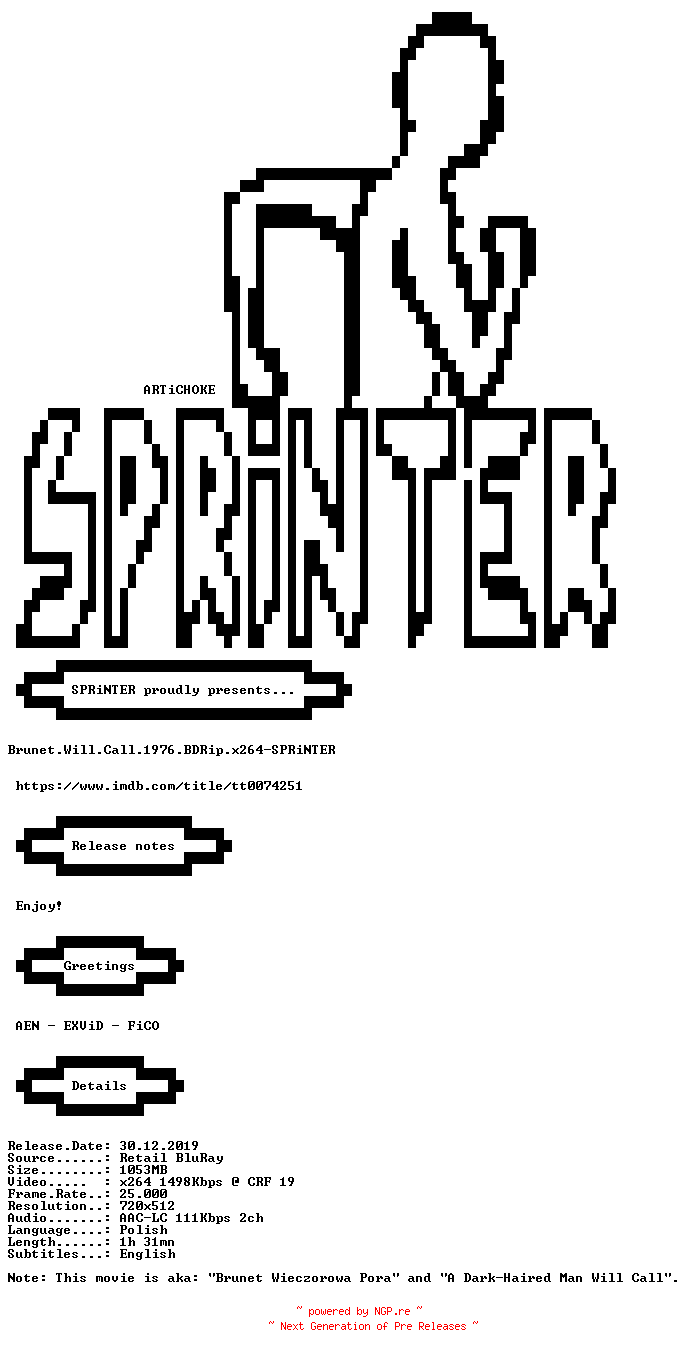 NFO for the release Brunet.Will.Call.1976.BDRip.x264-SPRiNTER by SPRiNTER