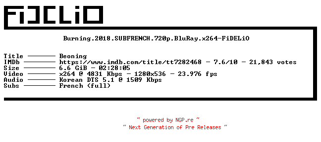 NFO for the release Burning.2018.SUBFRENCH.720p.BluRay.x264-FiDELiO by FiDELiO