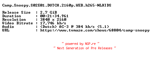 NFO for the release Camp.Snoopy.S02E01.DUTCH.2160p.WEB.h265-NLKIDS by NLKIDS