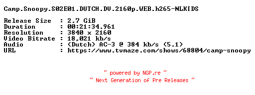 NFO for the release Camp.Snoopy.S02E01.DUTCH.DV.2160p.WEB.h265-NLKIDS by NLKIDS